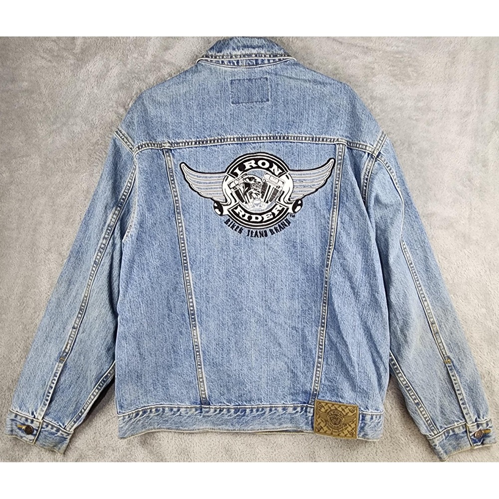 Iron Rider Jacket Mens Medium Light Wash Denim Trucker Biker Embroidered Patch